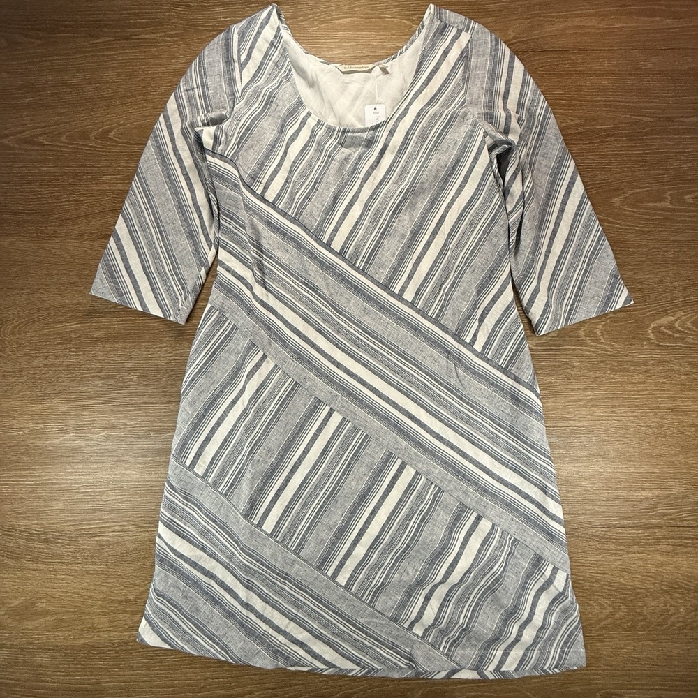 Soft Surroundings Linen Dress Women's Medium Blue Stripe 3/4 Sleeve NWT Coastal